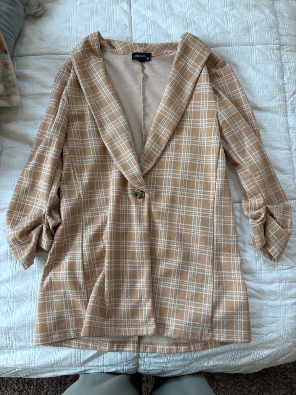 Neutral Plaid Shawl Collar Blazer Jacket - Beige